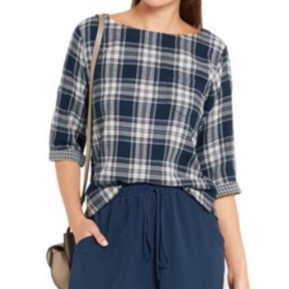 Madewell Tops - Madewell Double Navy Plaid 3/4 Sleeve Pullover Cotton Top Women Size S Cottage